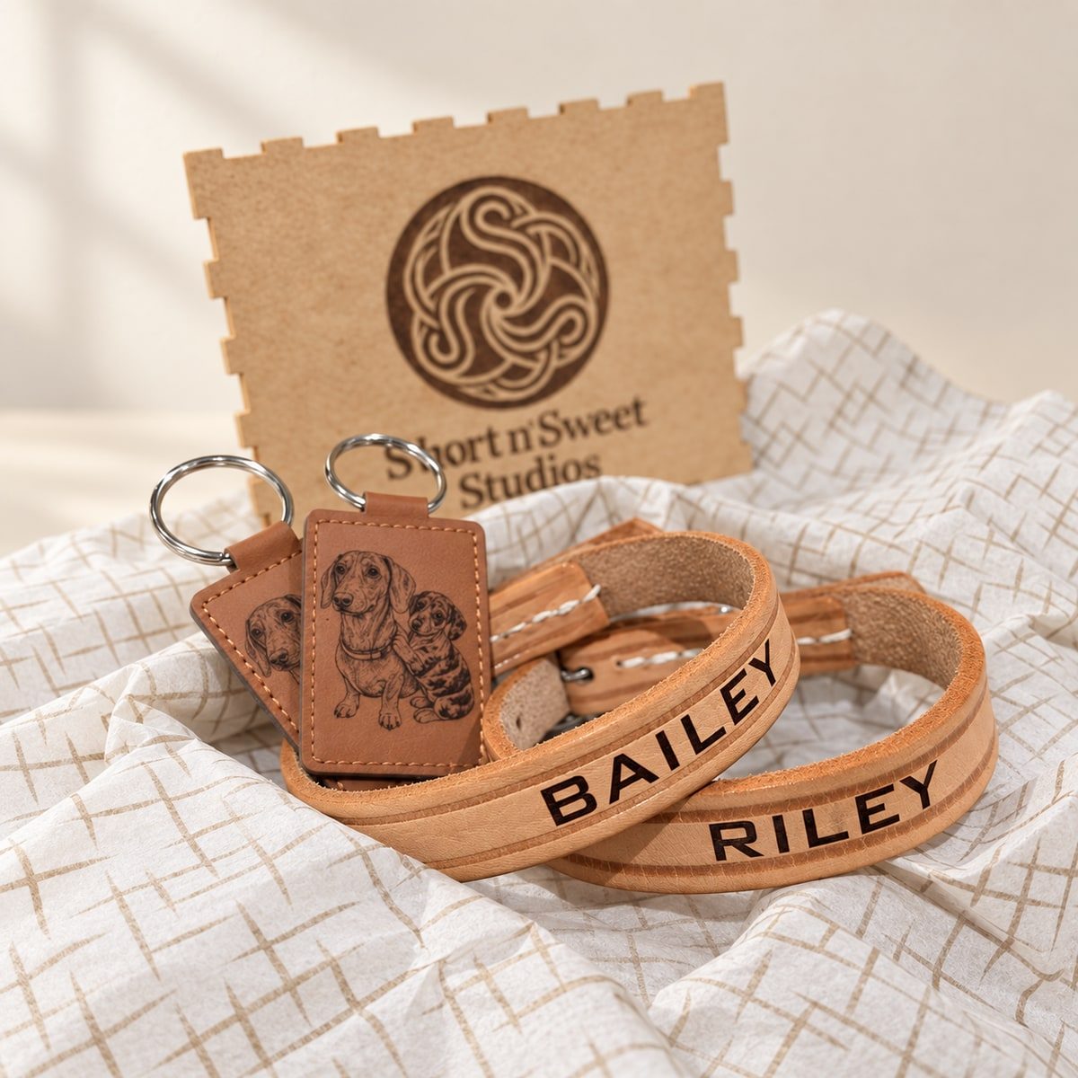 Personalised Bailey and Riley collars with dog portrait keyrings, tissue paper and a wooden Short n Sweet Studios lid.