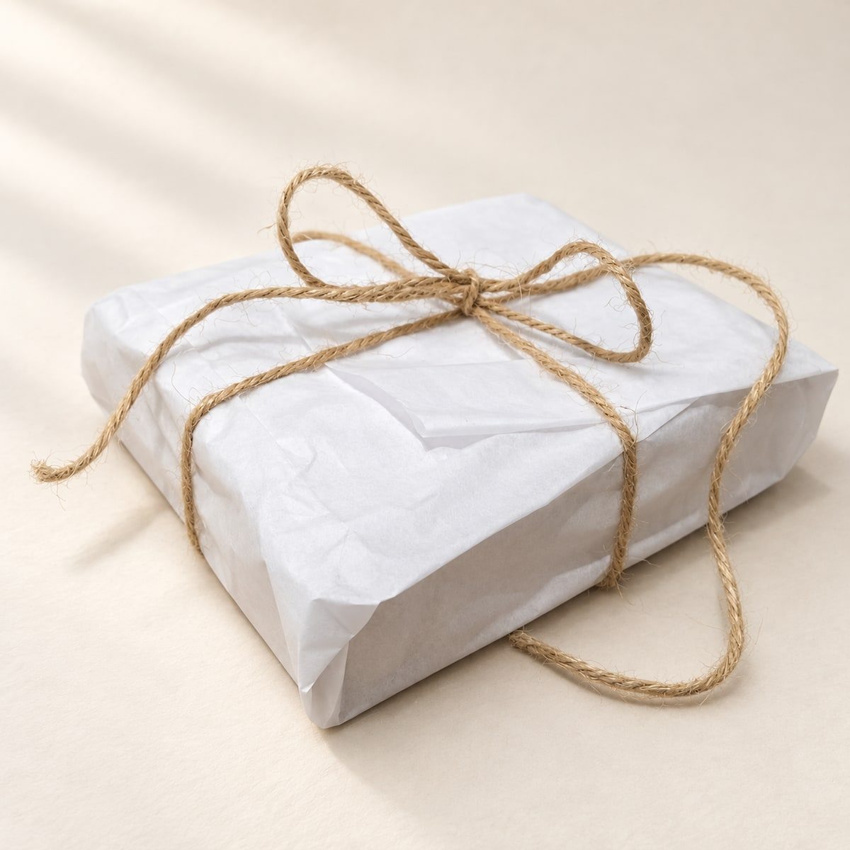 White tissue-wrapped parcel tied with a natural bow.