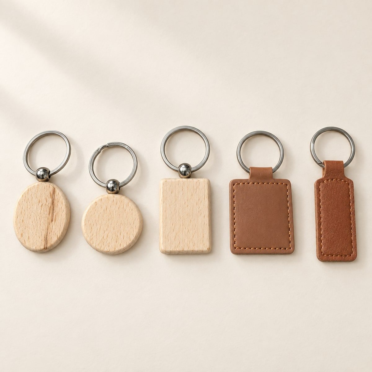 Five blank wooden and brown leatherette keyrings in round, oval and rectangular shapes.