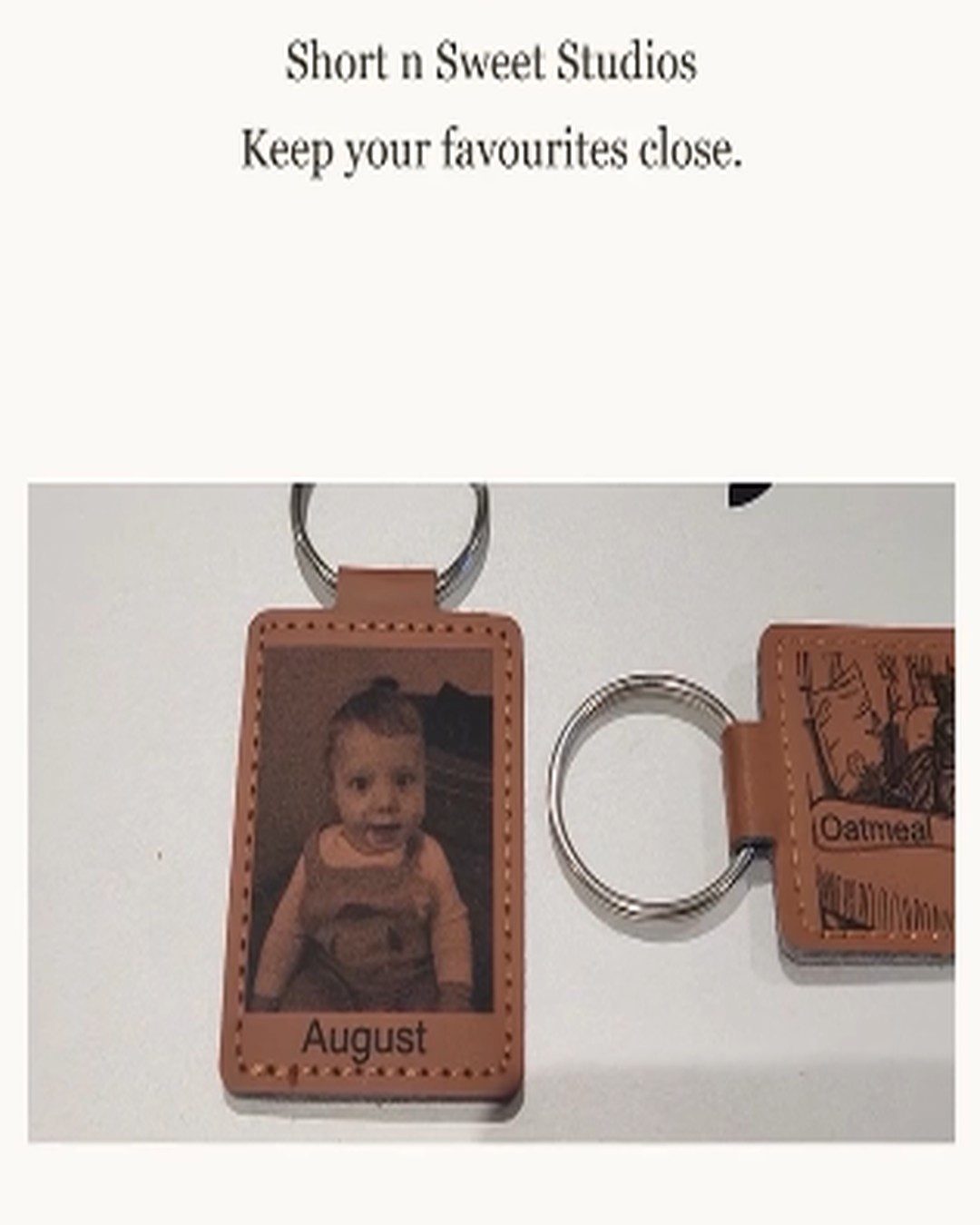 Personalised leather photo keyrings with engraved portraits, handmade in Cape Town.